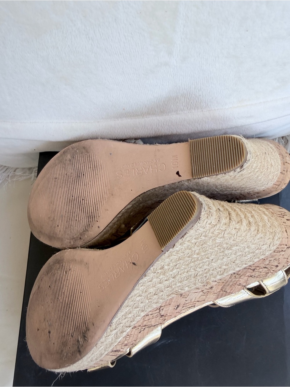 Charles David Metallic Gold Braided Espadrille Wedges with Ankle Wrap 10 - Picture 9 of 10